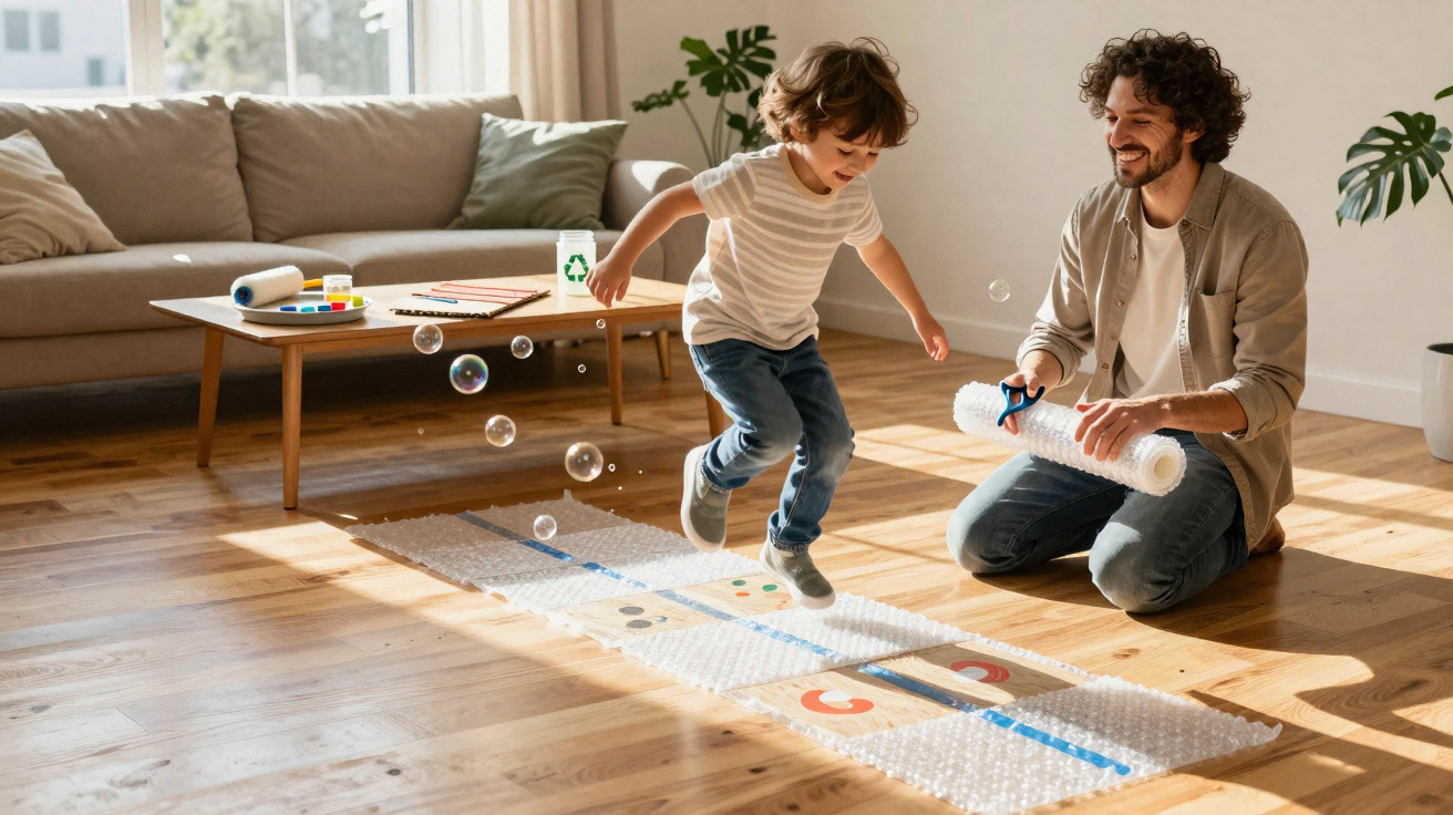Pai e filho brincando com bolhas e papel bolha em sala iluminada de casa.