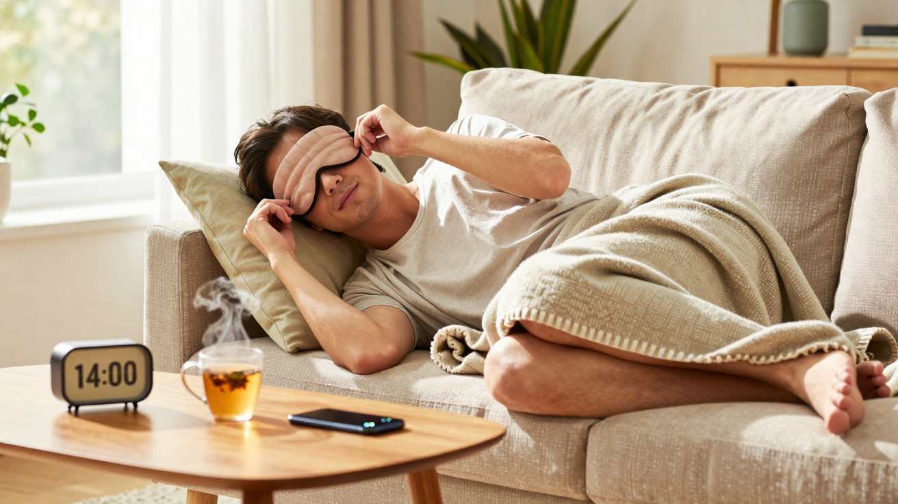 Homem deitado no sofá ajustando máscara de dormir, com cobertor e chá fumegante em ambiente iluminado.