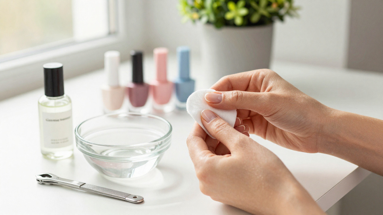 Mãos seguram algodão para manicure, com esmaltes e utensílios sobre mesa branca próxima à janela.