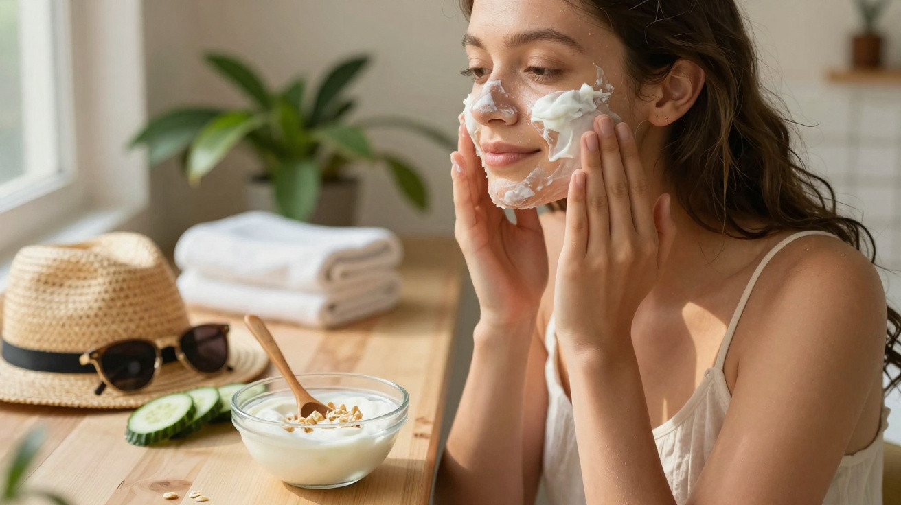 Mulher aplicando máscara facial de creme enquanto está sentada à mesa com chapéu e tigela de iogurte.