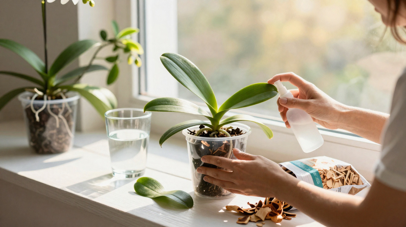 Pessoa pulverizando água em orquídea com vaso transparente numa janela ensolarada.