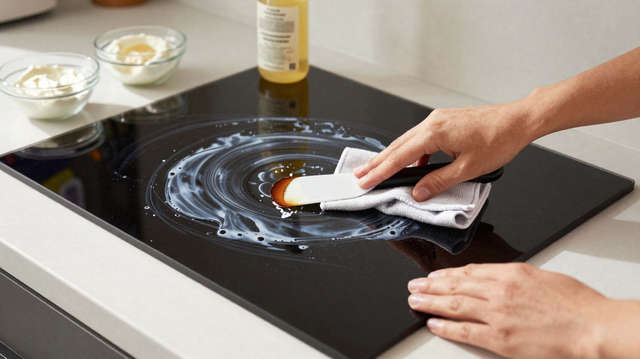 Pessoa limpando fogão de vidro com espátula e pano branco na cozinha.