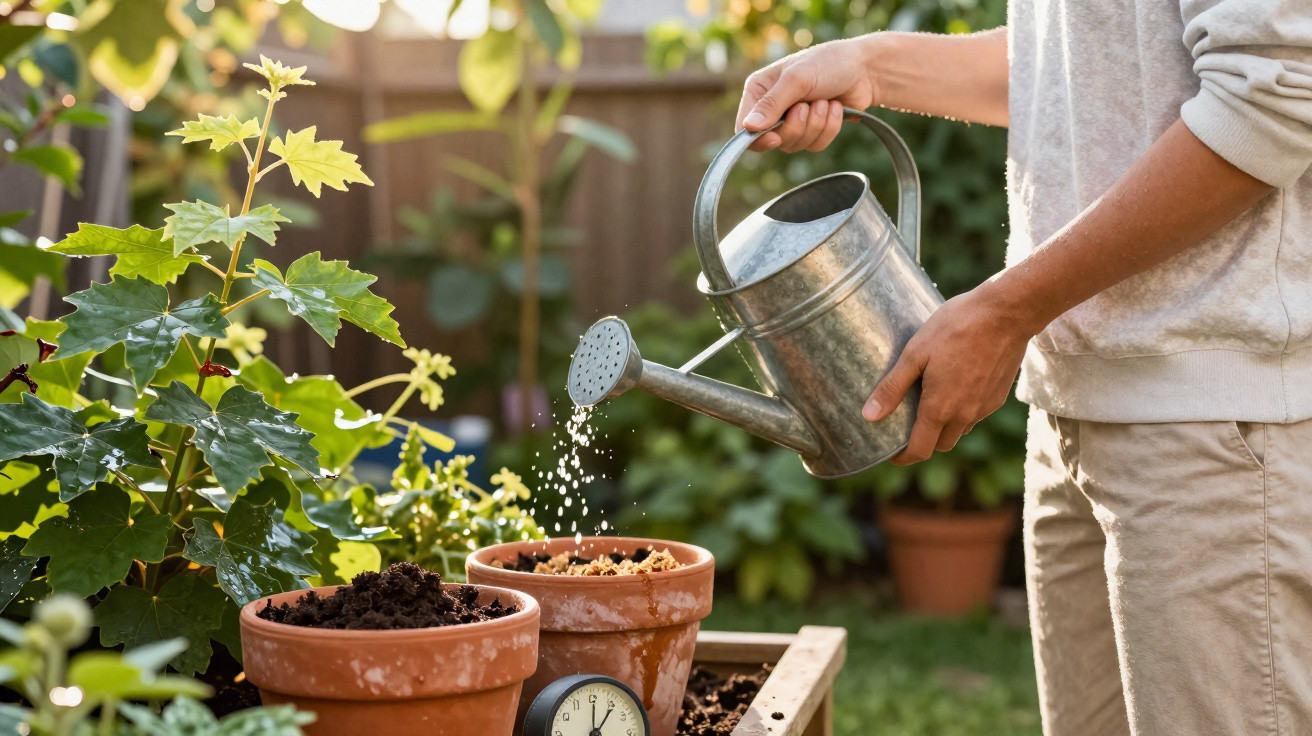 Pessoa regando plantas com regador de metal em vasos de barro em jardim externo.