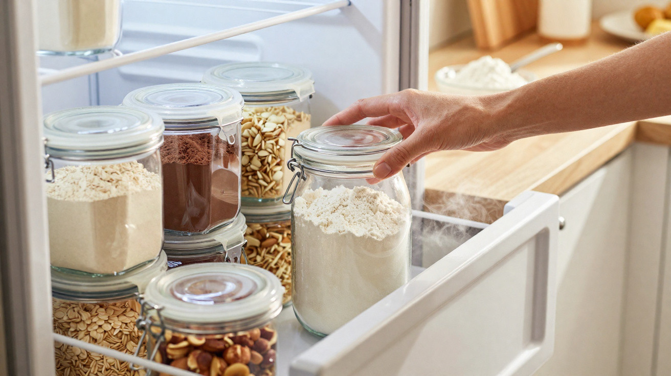 Mão pegando pote de vidro com farinha dentro da geladeira entre potes com alimentos variados.