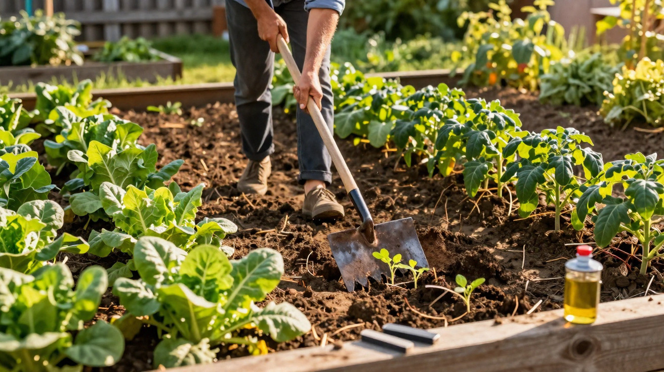 Pessoa usando enxada para cuidar de plantas em horta com cama elevada em dia ensolarado.