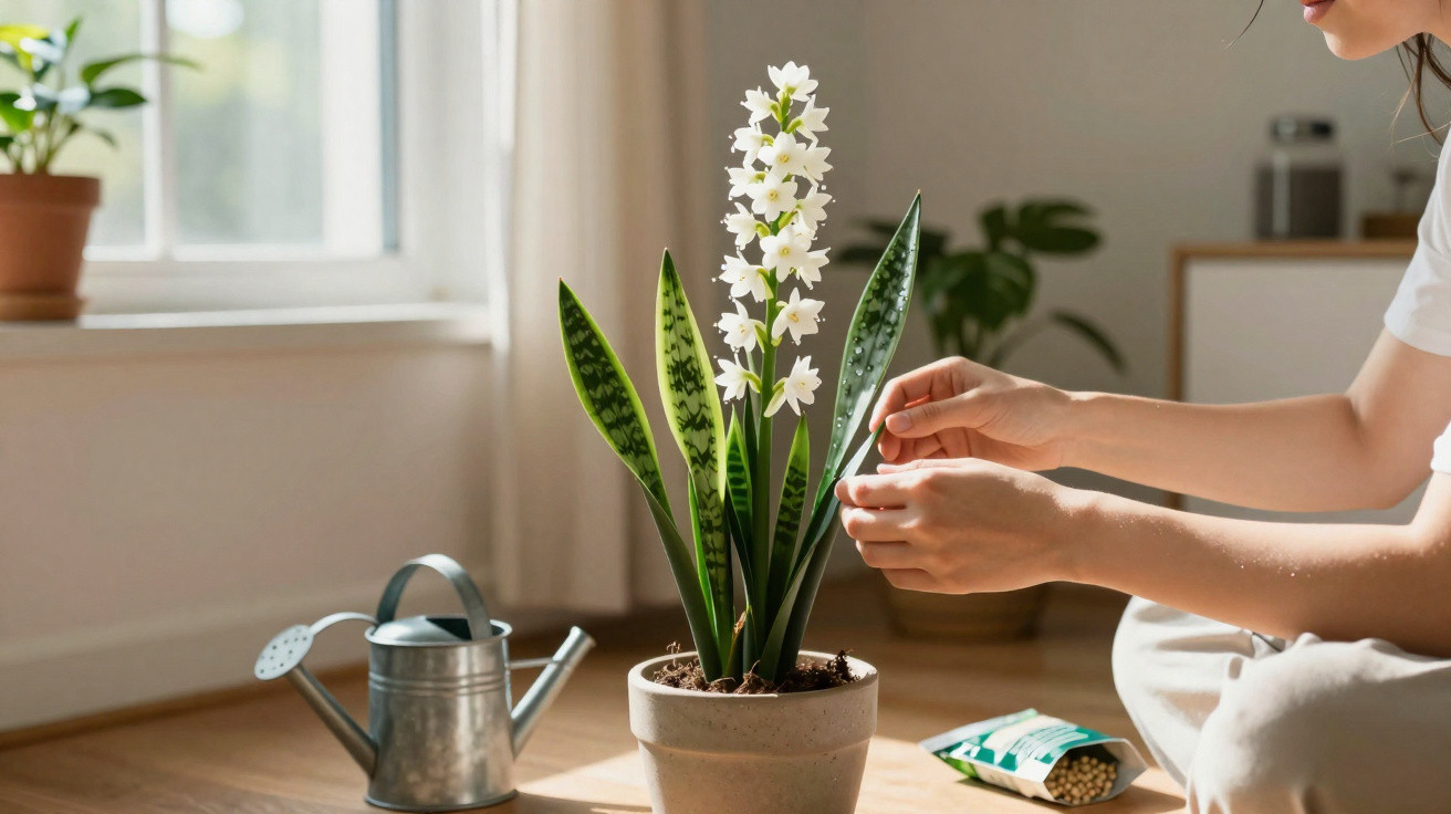 Pessoa cuidando de planta com flores brancas em vaso, regador metálico e ambiente interno iluminado.