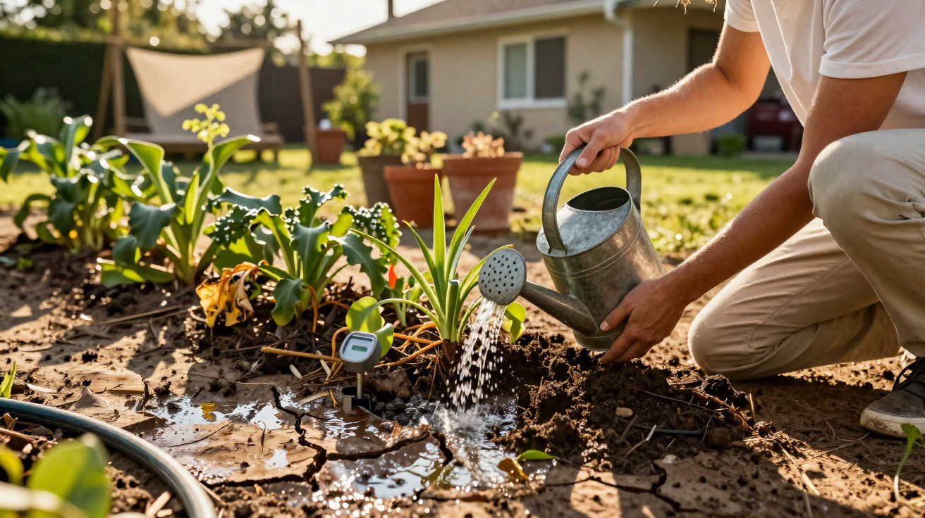 Pessoa regando plantas em jardim residencial com regador de metal sob luz do sol.