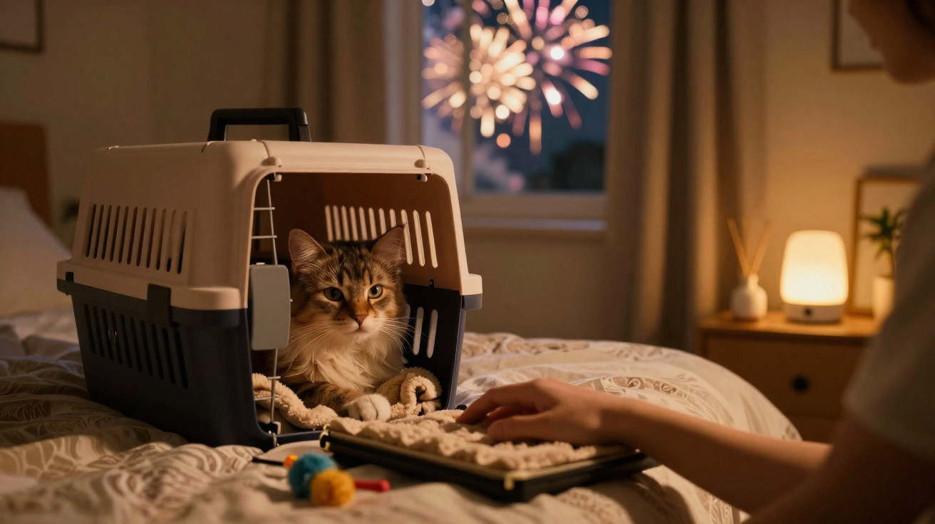 Gato dentro de caixa de transporte em cama, com fogos de artifício visíveis pela janela ao fundo.