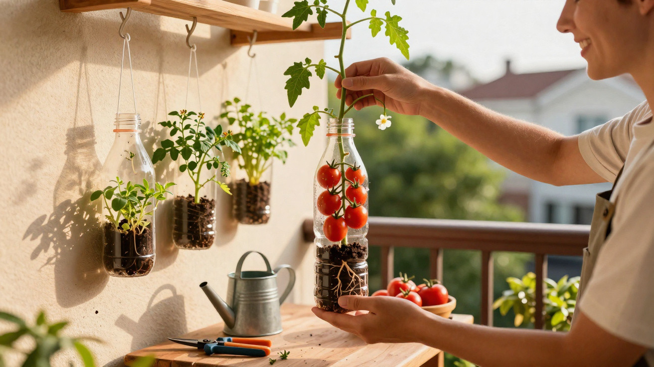Pessoa cuidando de planta de tomate cultivada em garrafa plástica suspensa em varanda ensolarada.