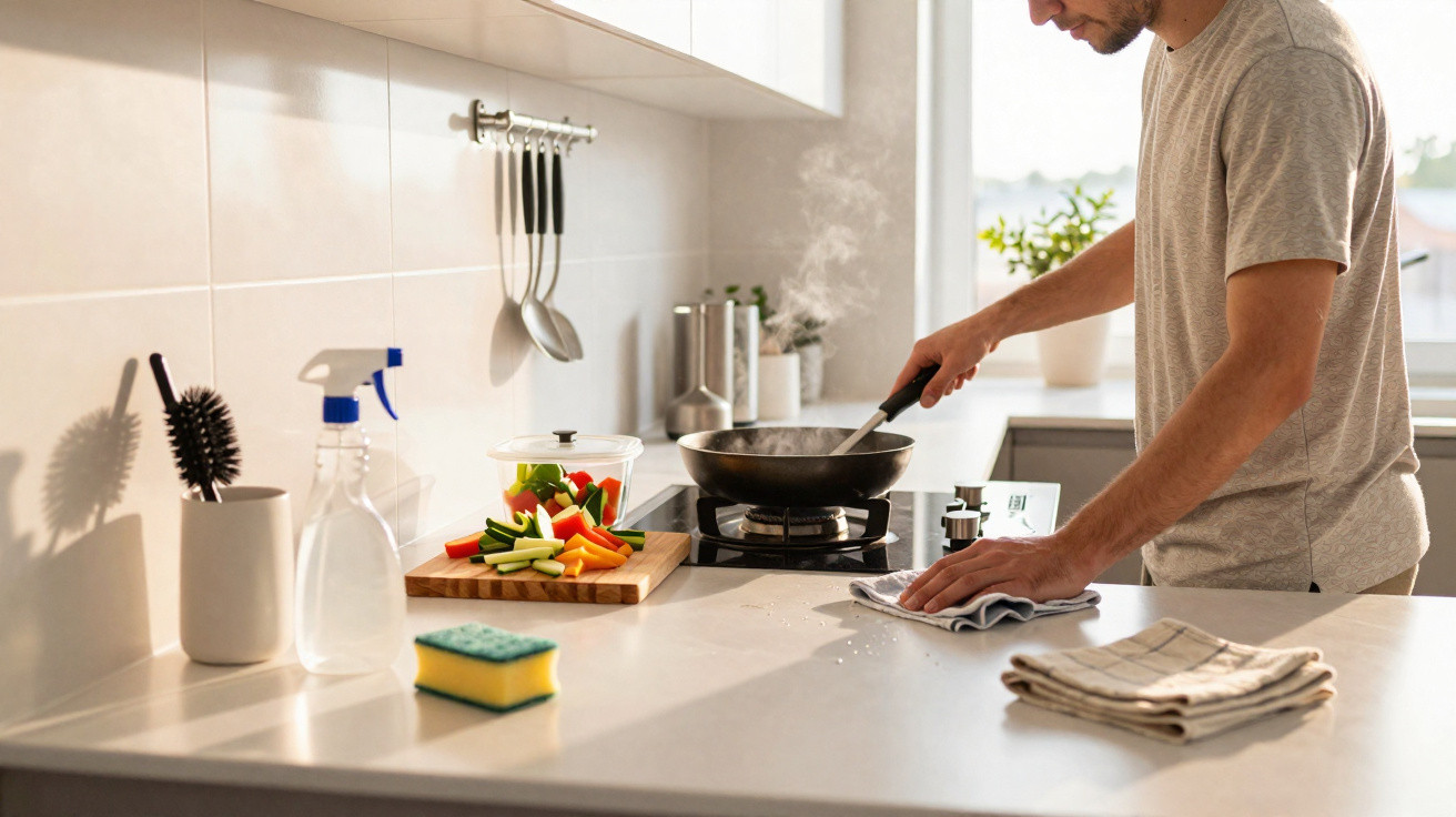 Homem cozinhando e limpando balcão em cozinha moderna e iluminada pela manhã.