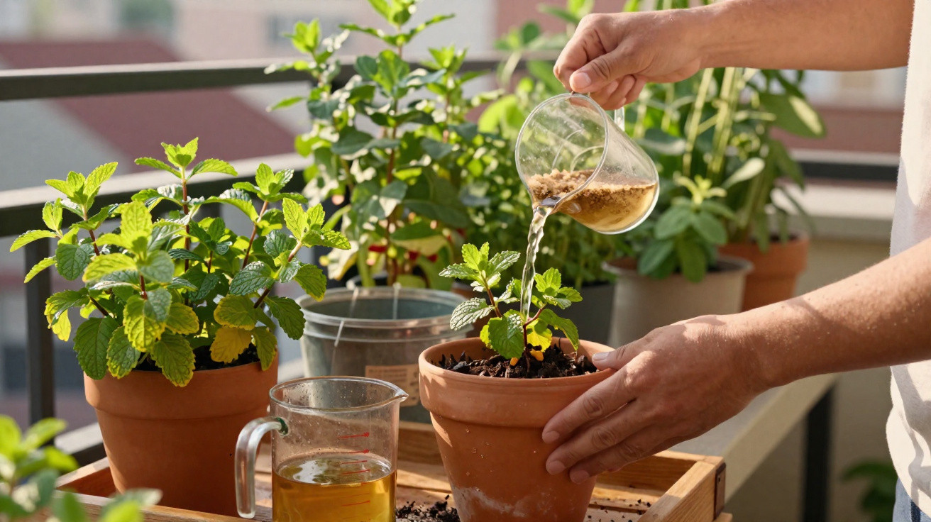 Pessoa regando planta em vaso de barro em varanda com outras plantas ao fundo em recipiente de vidro.