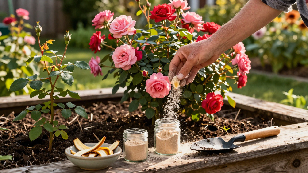 Mão espalha pó branco em vasos com rosas vermelhas e rosas em canteiro de madeira no jardim.