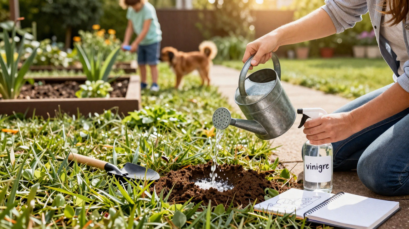 Pessoa regando solo próximo a uma garrafa de vinagre e ferramentas de jardim, com criança e cachorro ao fundo.
