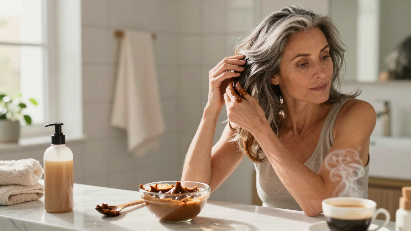Mulher madura penteando cabelo com máscara capilar em cozinha iluminada, com xícara de café fumegante à frente.