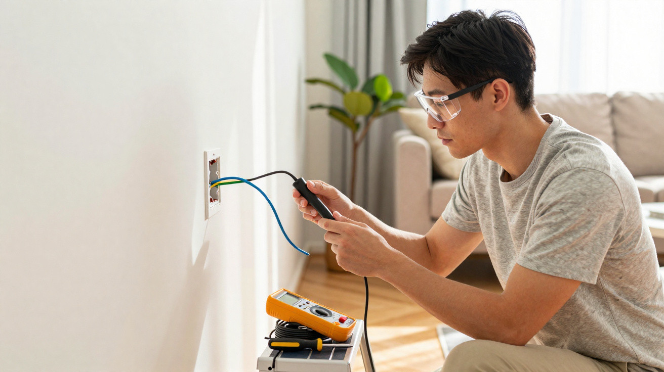 Homem com óculos de proteção testa fiação elétrica em parede dentro de casa com equipamentos ao lado.