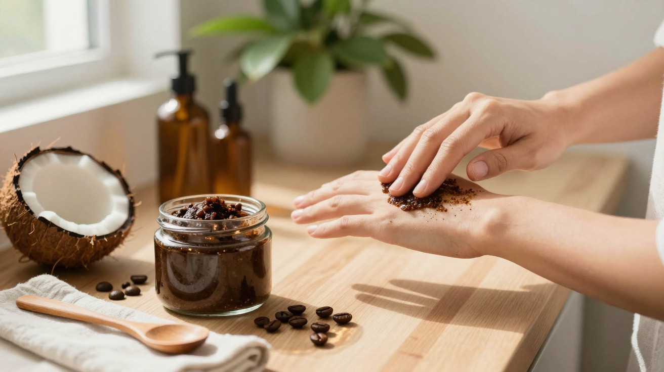 Pessoas aplicando esfoliante caseiro de café na mão com coco, frascos e grãos sobre mesa de madeira.