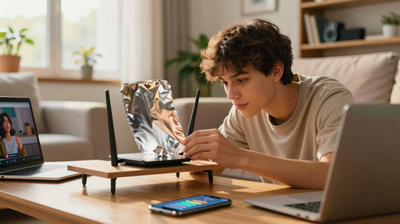 Jovem usa papel alumínio em roteador para melhorar sinal, com laptops e celular à sua frente na mesa.