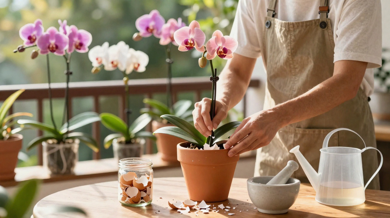 Pessoa cuidando de orquídea rosa em vaso de barro com regador, pilão, e cascas de ovos na mesa.