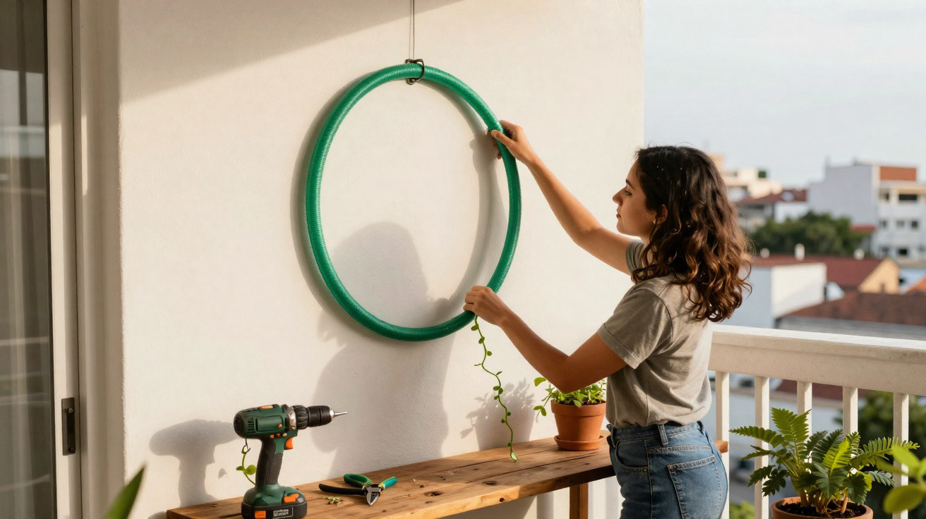 Mulher pendura aro verde na parede em varanda com mesa, plantas e furadeira.