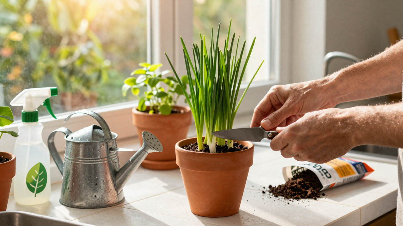 Mãos cuidando de planta em vaso de barro com regador, pulverizador e terra em bancada iluminada.