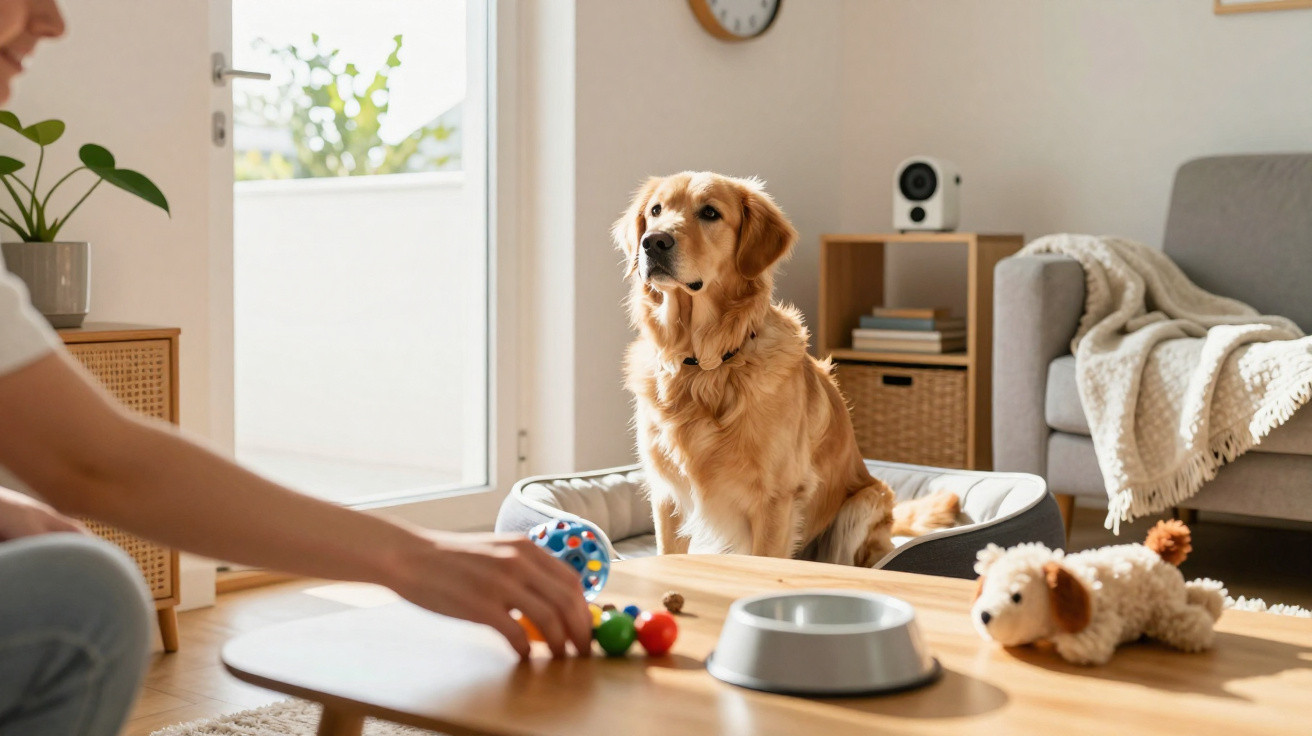 Cachorro Golden Retriever sentado em cama dentro de sala com brinquedos e dono perto.