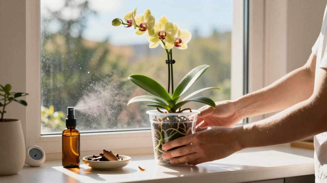 Pessoa cuidando de orquídea amarela em vaso transparente perto de janela ensolarada, spray ao lado.