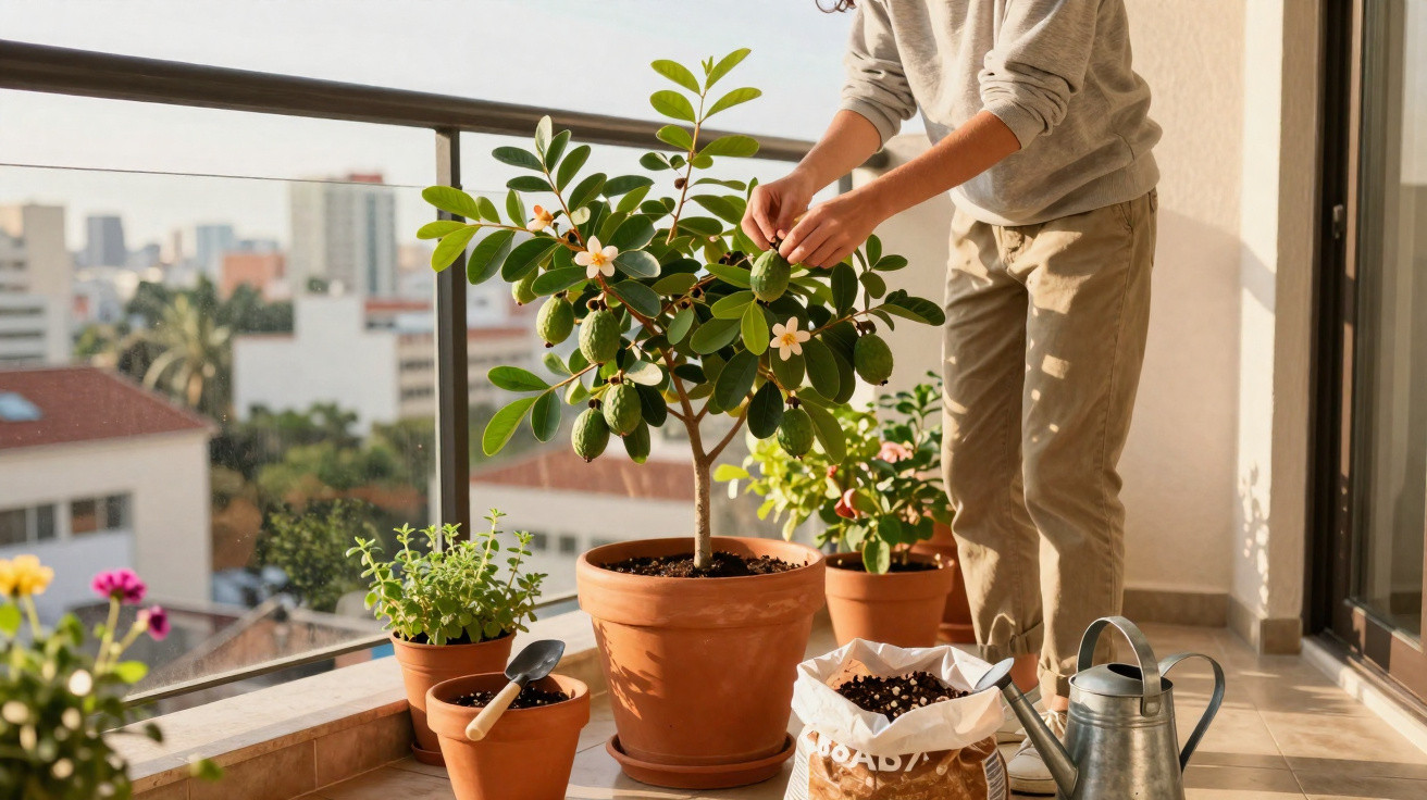 Pessoa cuidando de plantas em vasos no terraço de apartamento em dia ensolarado.