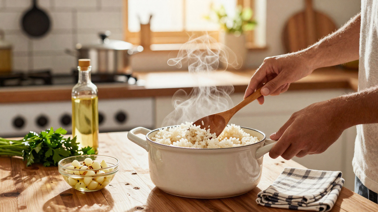 Mãos mexendo arroz quente em panela branca sobre mesa de madeira com óleo, temperos e pano.