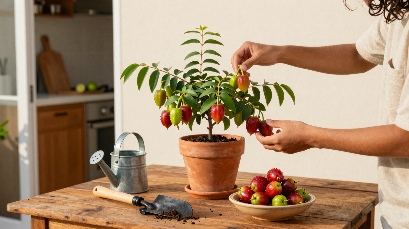 Pessoa colhendo pitangas vermelhas e verdes de planta em vaso de barro na mesa de madeira na cozinha.