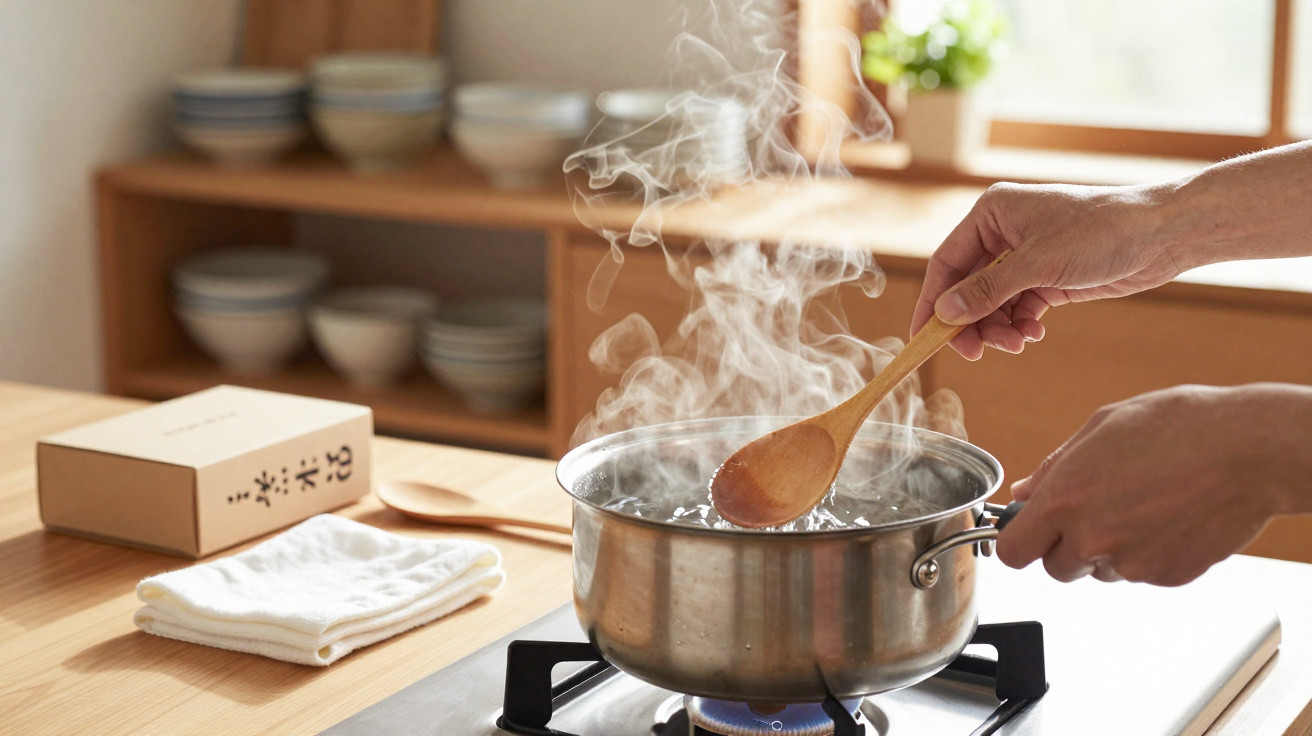 Pessoa mexendo água fervente em panela de aço inox sobre fogão a gás em cozinha iluminada.