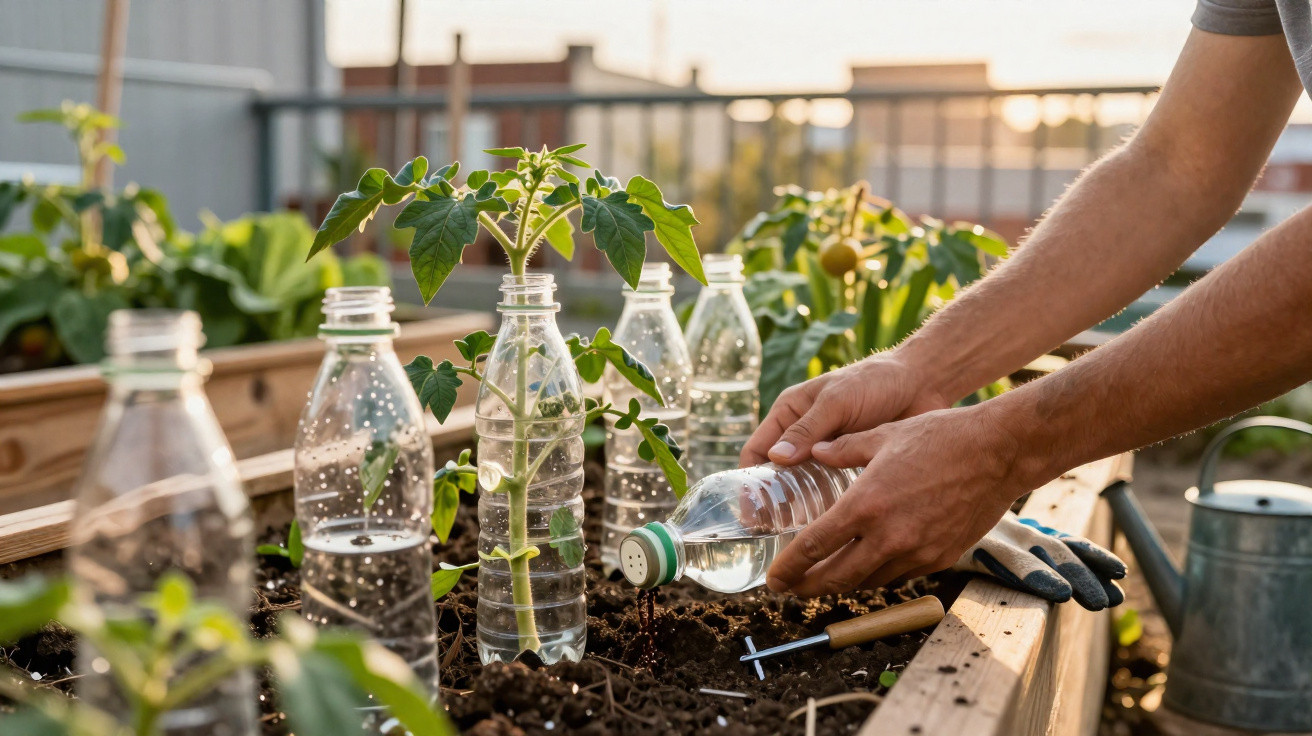 Mãos regando muda de planta dentro de garrafa pet em jardim suspenso com ferramentas ao lado.