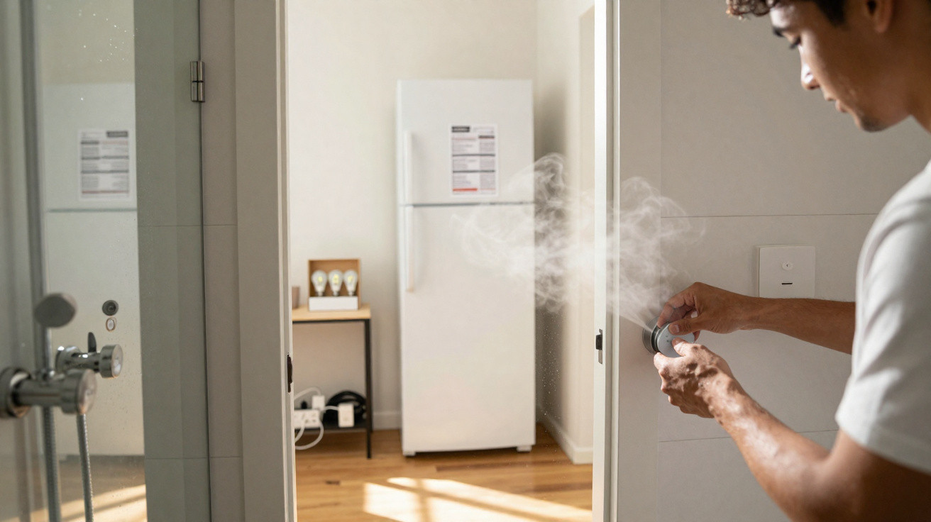 Pessoa abrindo válvula de gás com vapor saindo, ao fundo geladeira branca e mesa em ambiente interno.