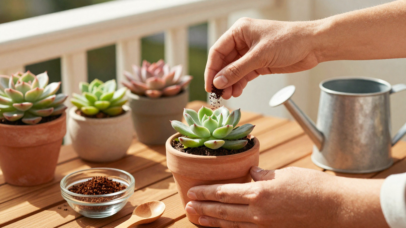 Mãos cuidando de suculentas em vaso de cerâmica em mesa de madeira com regador ao fundo.