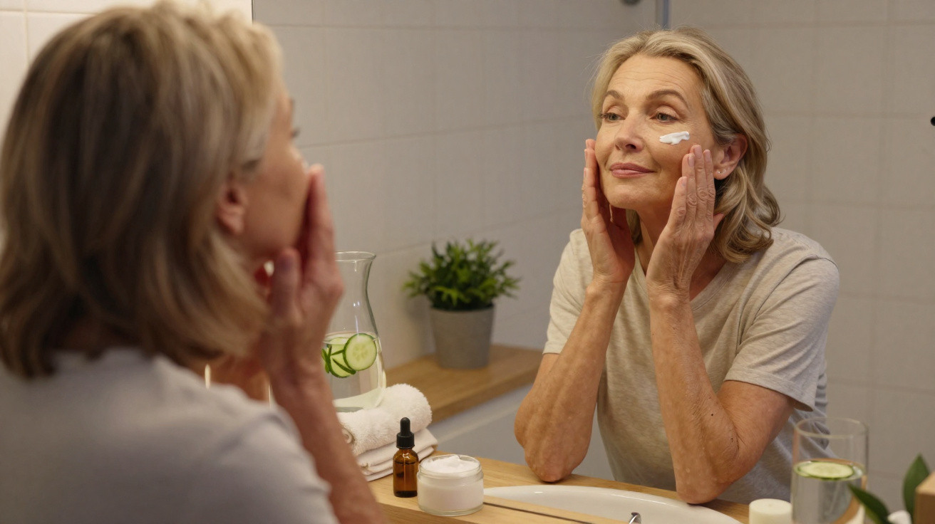 Mulher madura aplicando creme facial em frente ao espelho no banheiro.