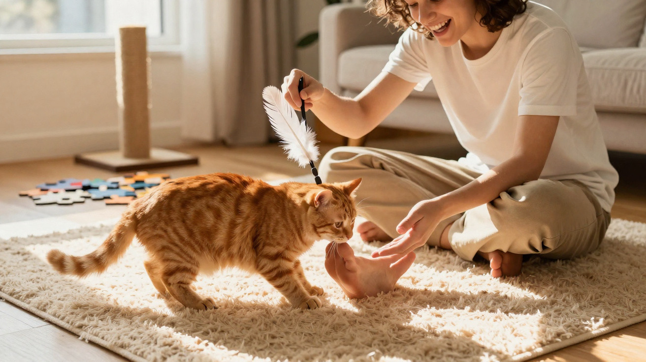 Mulher sentada brincando com gato laranja usando brinquedo de pena em tapete claro na sala.