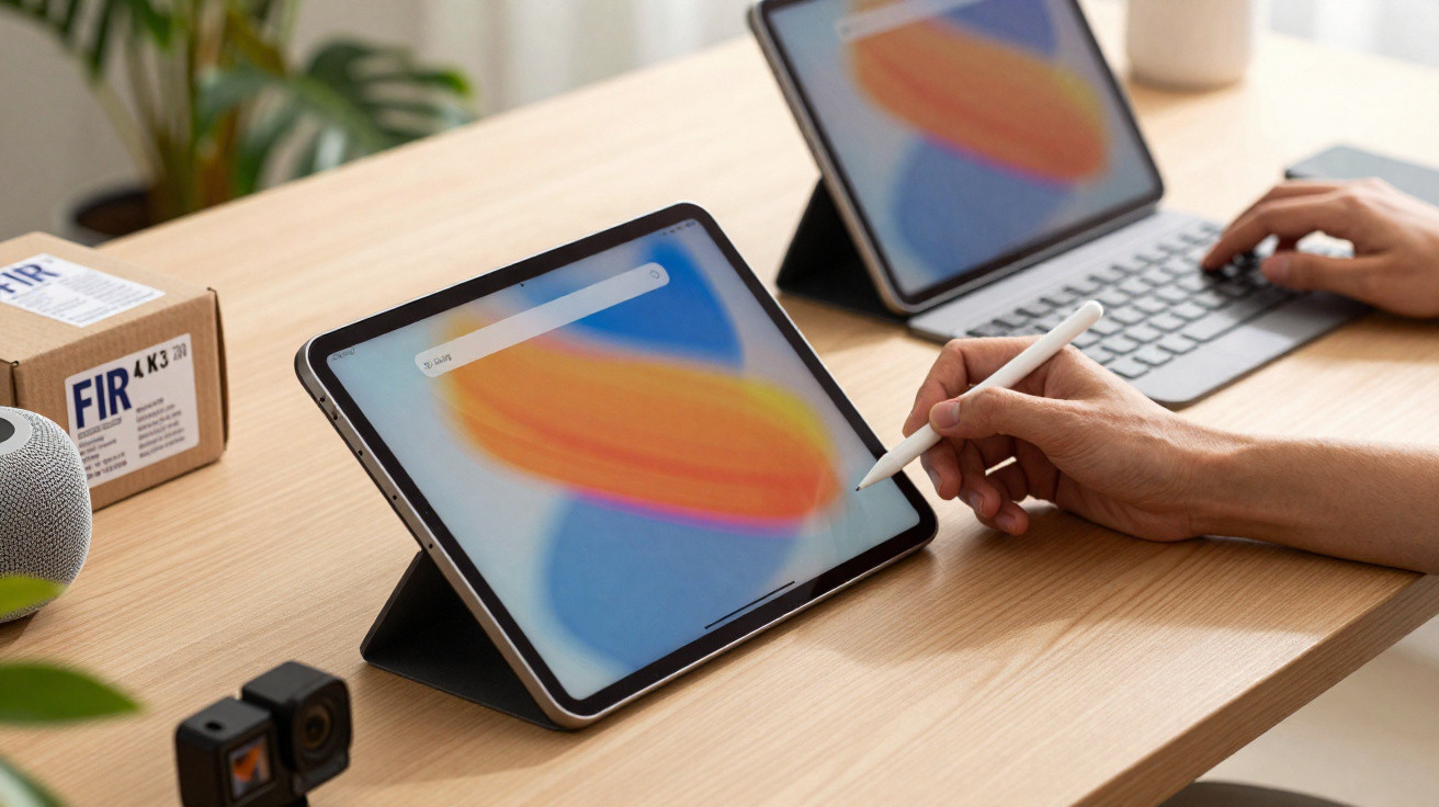 Mesa de trabalho com dois tablets, um com caneta digital e outro com teclado, em ambiente iluminado.