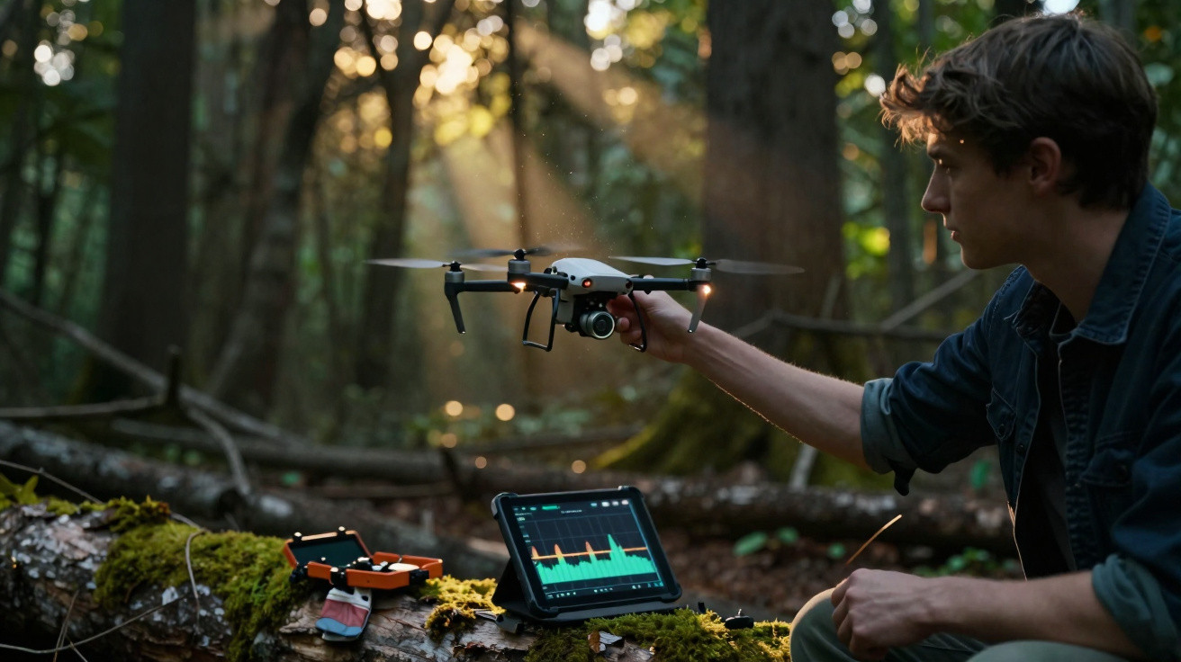 Jovem segura drone prestes a decolar em área de floresta com equipamentos tecnológicos ao redor.