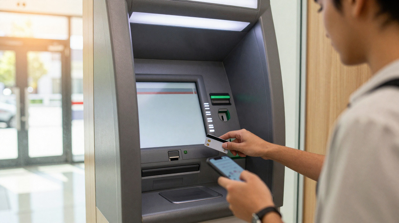 Pessoa utilizando cartão bancário e celular em caixa eletrônico dentro de prédio moderno.
