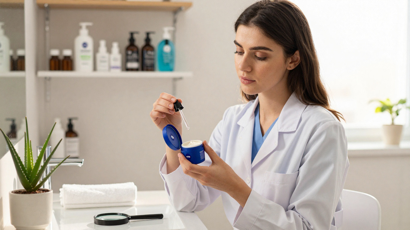 Mulher com jaleco branco segurando frasco de creme e aplicador em ambiente clínico.