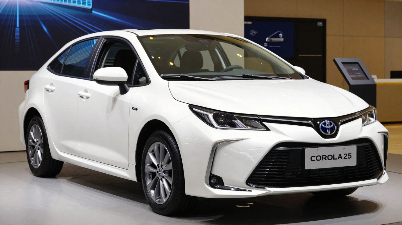 Carro branco Toyota Corolla 25 exibido em ambiente interno, com design moderno e faróis afilados.