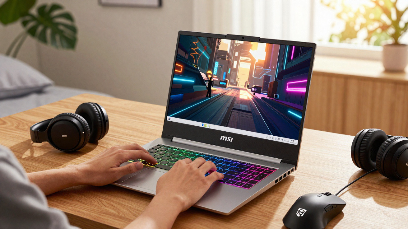Pessoa usando notebook gamer MSI com teclado colorido e mouse ao lado sobre mesa de madeira.