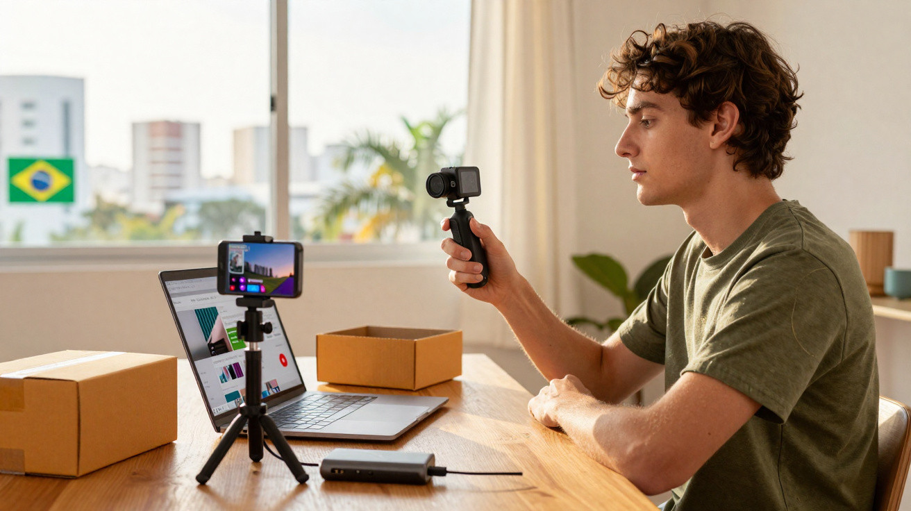 Jovem grava vídeo com câmeras em mesa com laptop e caixas de papelão em ambiente iluminado.