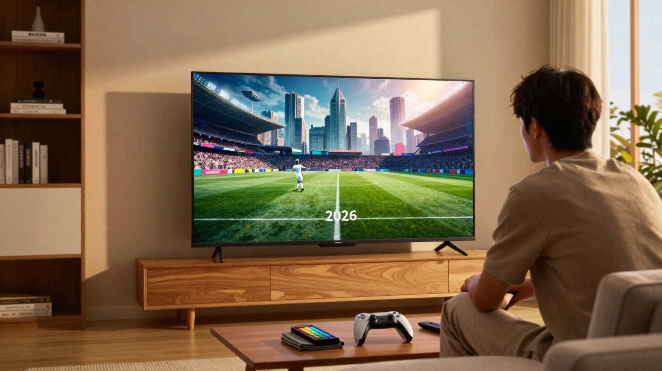 Pessoa assistindo a jogo de futebol em TV grande na sala com controle e celular na mesa de centro.
