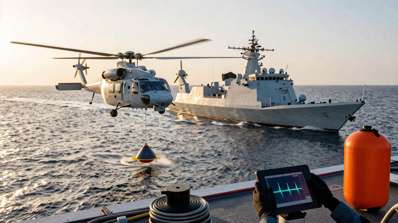 Helicóptero militar realizando operação de lançamento no mar próximo a fragata com operador em tablet digital.