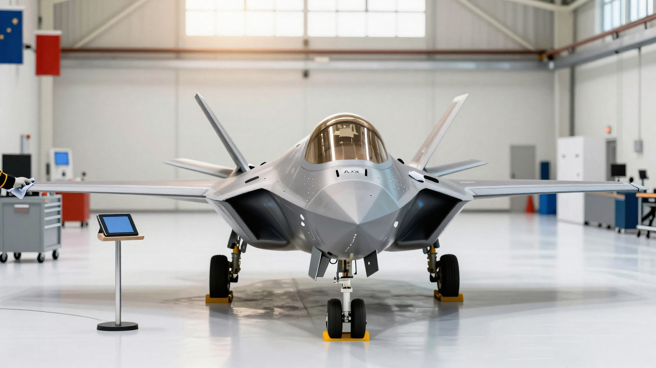 Caça stealth cinza estacionado em hangar com cockpit fechado e rodas bloqueadas com calços.