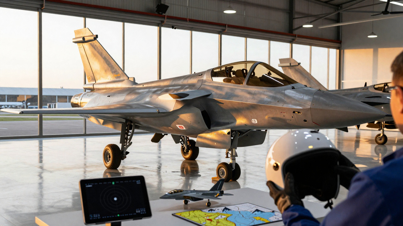 Caça militar moderno em hangar com piloto segurando capacete e mesa com mapas e radar digital.