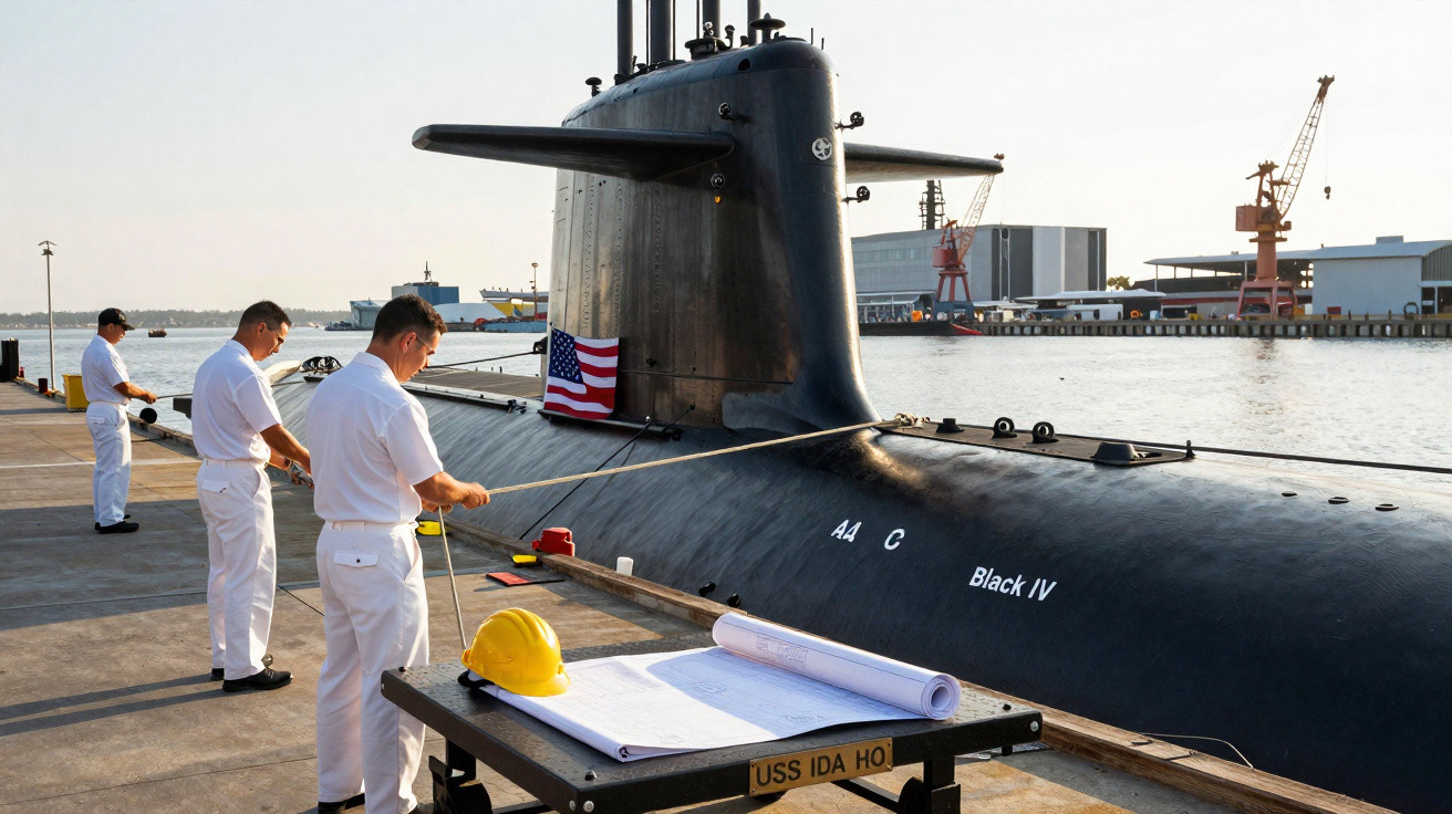 Três tripulantes em uniforme branco trabalhando ao lado de submarino americano no cais.