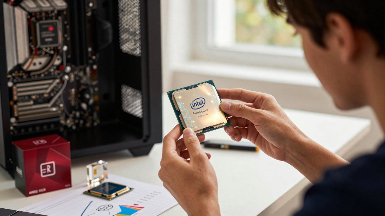 Pessoa segurando processador Intel enquanto monta computador em mesa com gráficos e peças.