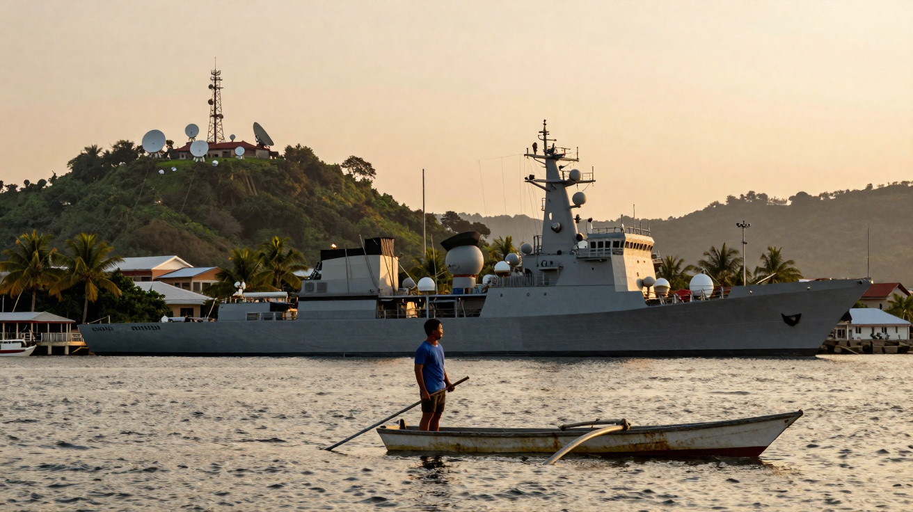 Homem em barco pequeno remando com navio militar e colina com antenas ao fundo ao entardecer.