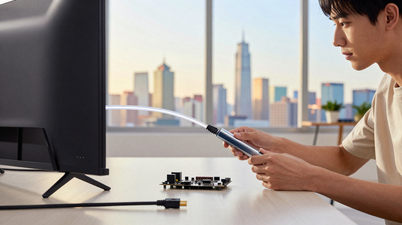 Homem usando dispositivo eletrônico com tubo conectado a monitor em mesa, com cidade ao fundo.